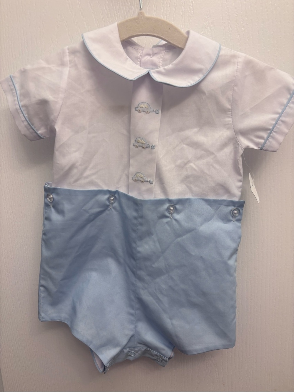 NWT Auraluz Baby Boy Hand Embroidered Car Bubble Romper 6M Heirloom Outfit